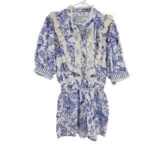 Place Nationale Romper Blue White Linen Floral Ruffles Smocked Short Sleeve US 8